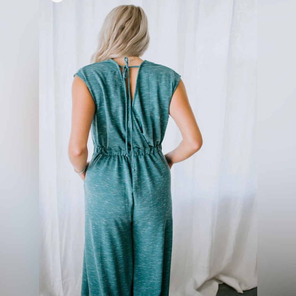 Bucket List Wide Leg Heather Light Blue Jumpsuit Small EUC Pockets Lounge Sweats - Picture 3 of 15
